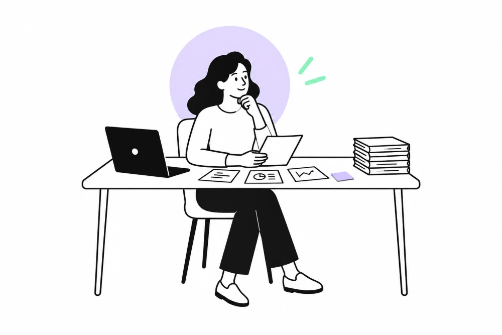 Une consultante à son bureau, avec ses notes, ses livres et son ordinateur.